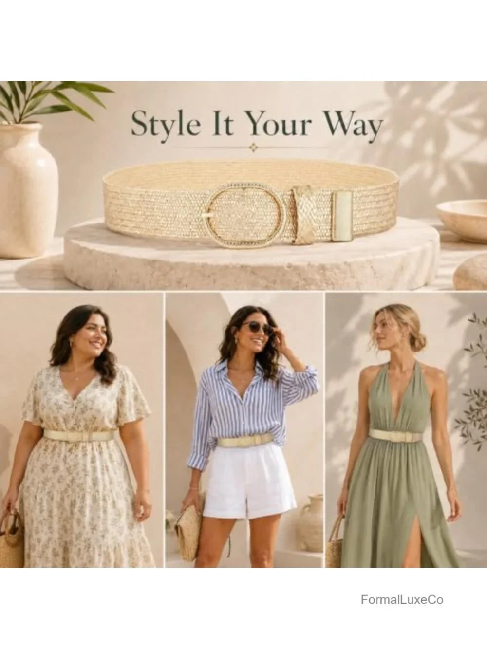 Woven Elastic Waist Belt with Gold Alloy Buckle for Women
